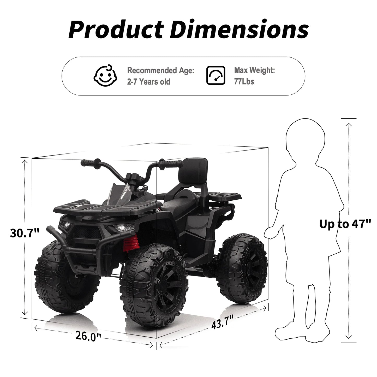 24V Ride on Toys, Kids ATV 4-Wheeler for Big Kids with 2 Seater, 400W Motor, Bluetooth - Black