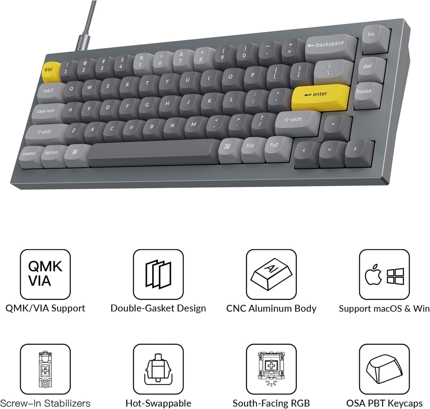 Q2 Wired Custom Mechanical Keyboard, QMK/VIA Programmable Macro, Full Aluminum, Hot-Swappable Gateron G Pro Brown Switch, 65% Layout Double Gasket Compatible with Mac and Windows - Grey