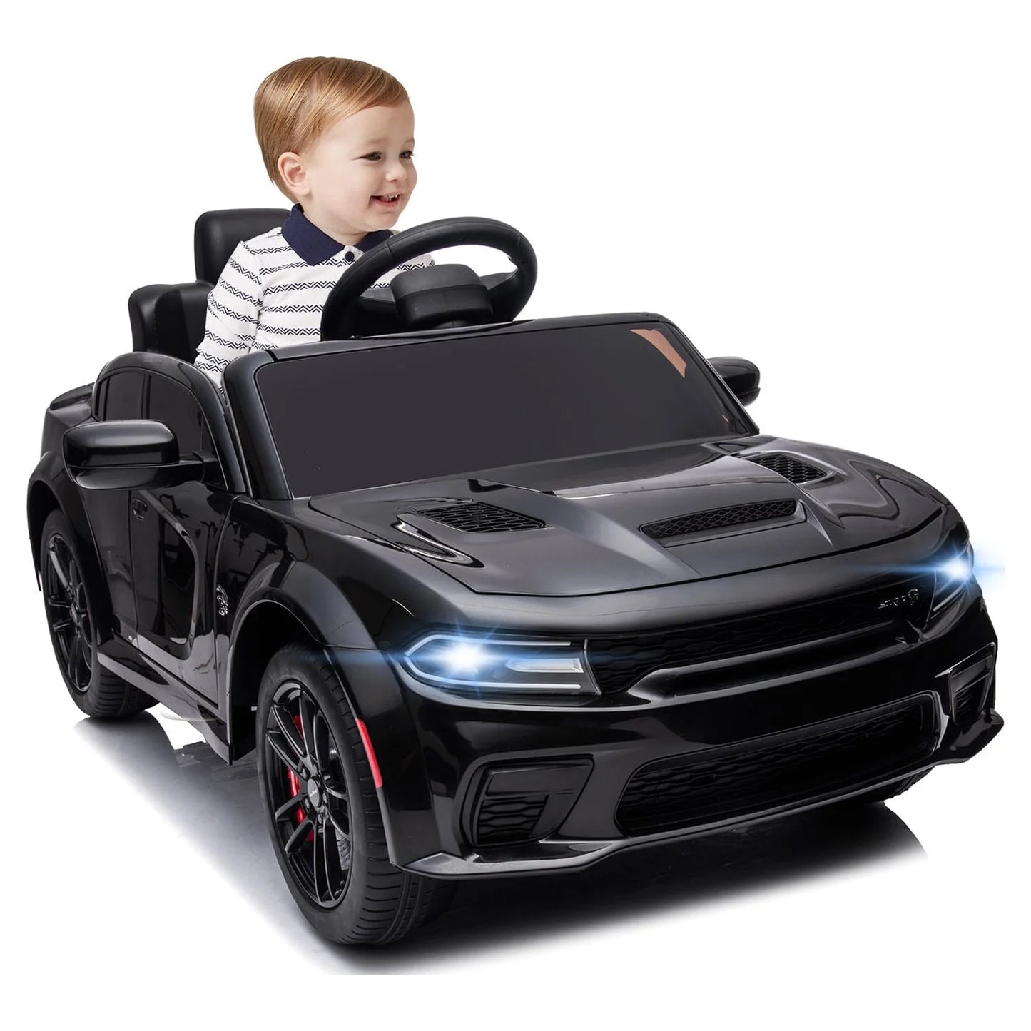 Black 12 V Dodge Charger SRT Hellcat Battery Powered Ride on Cars with Remote Control, Bluetooth, LED Light and MP3 Player