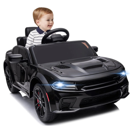 Black 12 V Dodge Charger SRT Hellcat Battery Powered Ride on Cars with Remote Control, Bluetooth, LED Light and MP3 Player