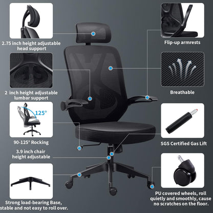 Home Office Chair Ergonomic Desk Chair High Back Flip-Up Arms Reclining Computer Chair with Adjustable Lumbar Support/Headrest Rocking Function Breathable High Elasticity Mesh, Black