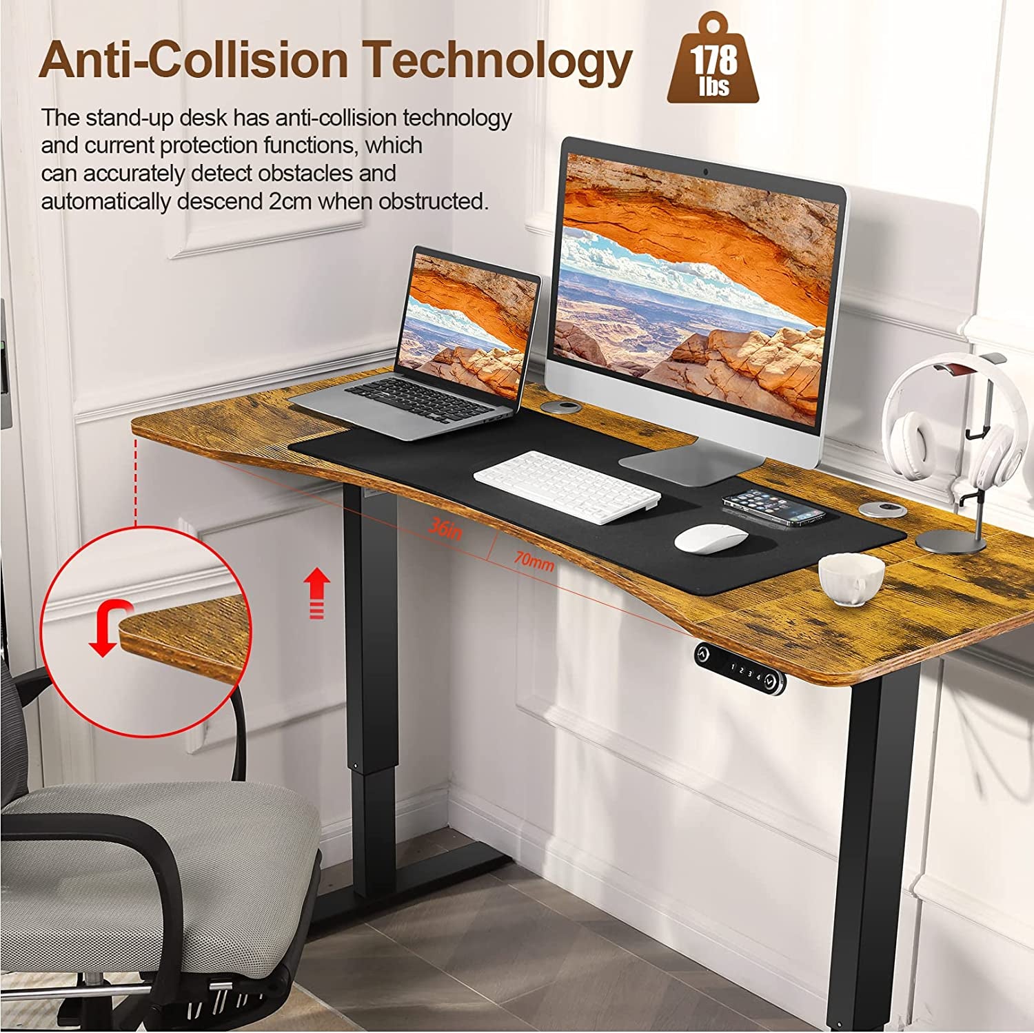 55 X 24 Inch Standing Desk Electric Adjustable Height with Charging Station, Stand up Desk with Oversized Mouse Pad, Ergonomic Curved Workstation, 4 Caster, 4 Preset Heights Easy to Set（Brown