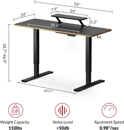 Height Adjustable Desk 55 Inch, Electric Standing Desk/W USB Charging Ports, Black Sit Stand Desk for Home Office with Monitor Shelf (55 X 24 Inches)