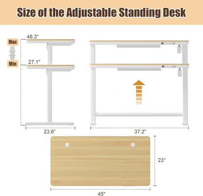 Electric Standing Desk with Drawers, Height Adjustable Sit Stand Desk with Drawer, Home Office Desk Storage & USB Ports, 45 X 23 Inch Maple Desktop/White Frame