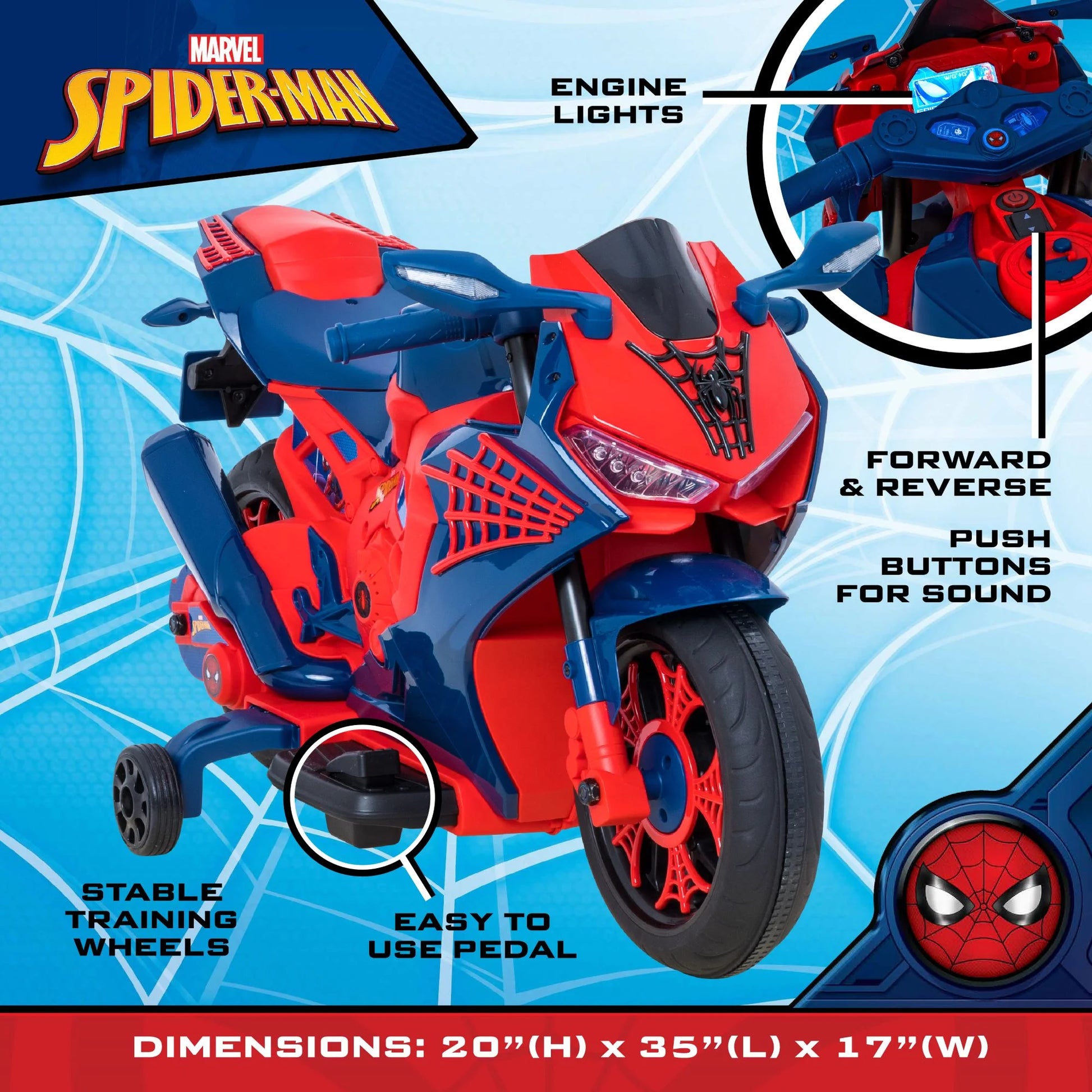 6V Spiderman Motorcycle, Battery Ride on Toy, for Kids, Ages 3+