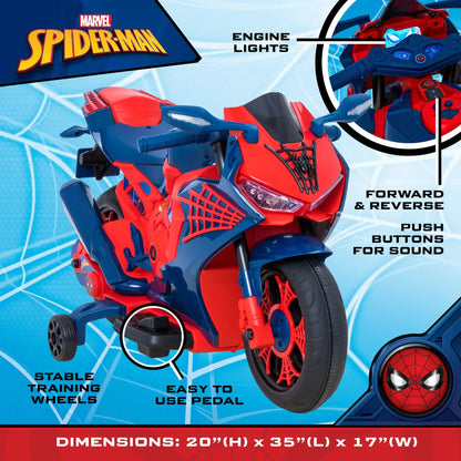 6V Spiderman Motorcycle, Battery Ride on Toy, for Kids, Ages 3+