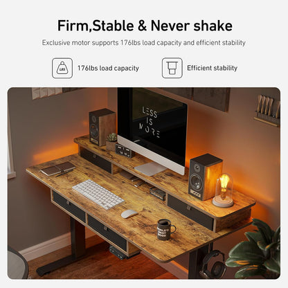 55 X 24 Electric Standing Desk Adjustable Height with 4 Drawers, Sit Stand Desk with Storage Shelf, Rising Desk with Splice Board, Black Frame/Rustic Brown Top, 55 Inch