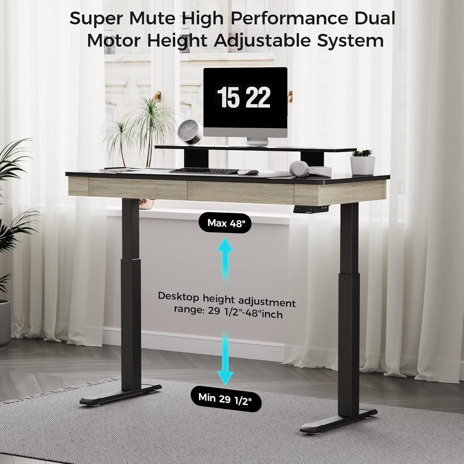 Electric Standing Desk with Drawers, 55 Inch Dual Motor Height Adjustable Stand up Desk for Home Office with Built-In Outlet, Wireless Charger, USB Port, Oak Grey