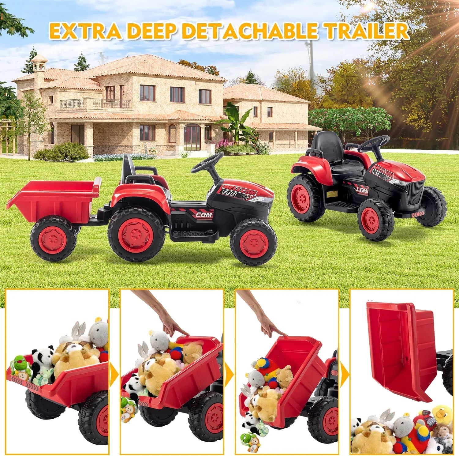 Kids Ride on Tractor with Remote Control, 12V Battery Powered Electric Tractor with 30W Dual Motors/Cool Lights/Bluetooth Music for Kids, Red