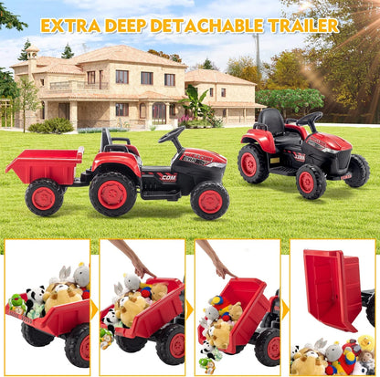 Kids Ride on Tractor with Remote Control, 12V Battery Powered Electric Tractor with 30W Dual Motors/Cool Lights/Bluetooth Music for Kids, Red