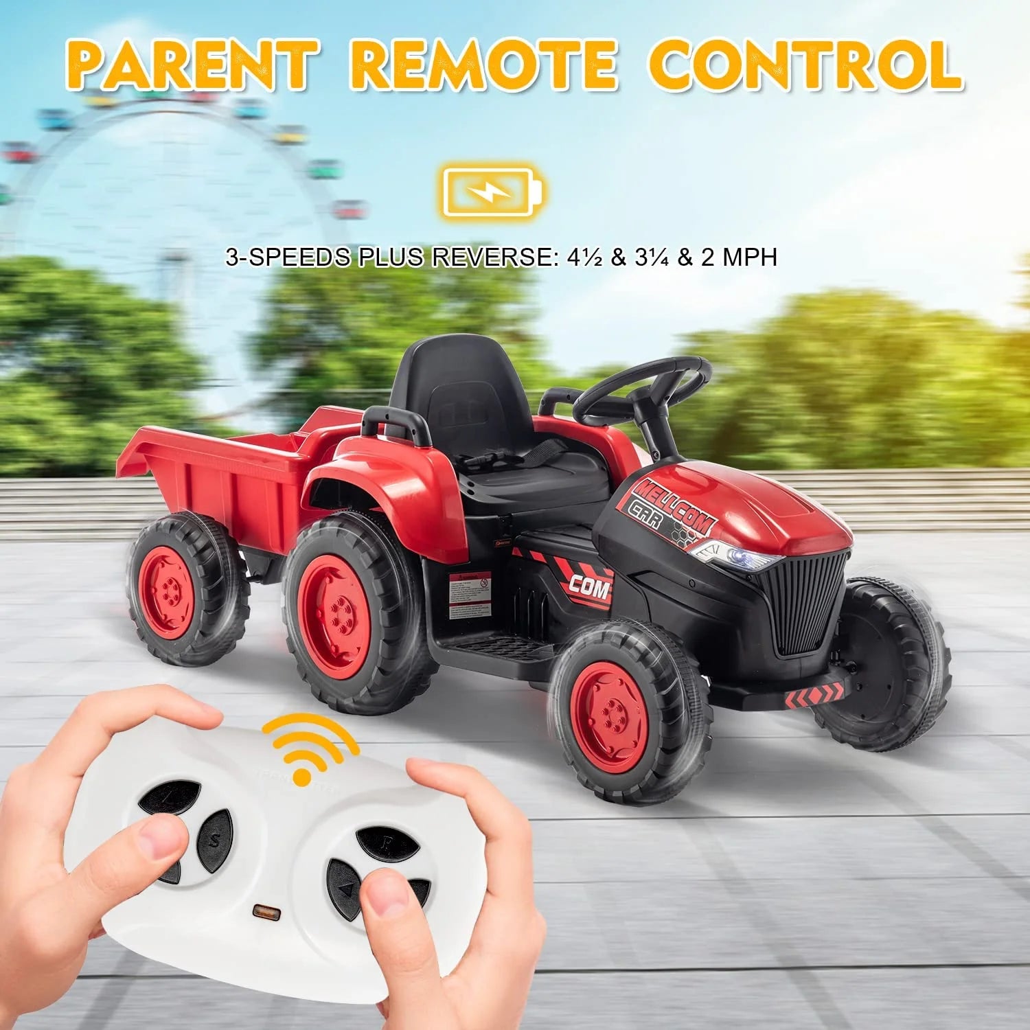 Kids Ride on Tractor with Remote Control, 12V Battery Powered Electric Tractor with 30W Dual Motors/Cool Lights/Bluetooth Music for Kids, Red