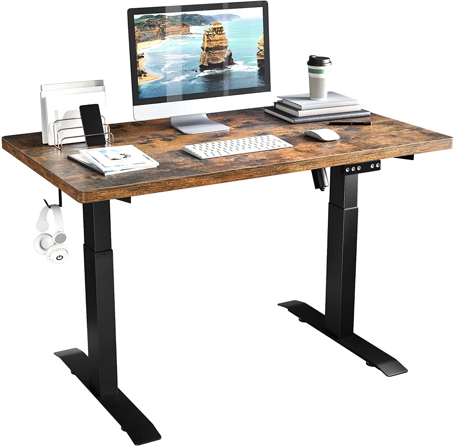 Dual Motor Standing Desk Height Adjustable Desk, 55 X 24 Inches Stand up Desk, Home Office Desk Sit Stand Desk with Splice Board, Black Frame/Rust Brown Top