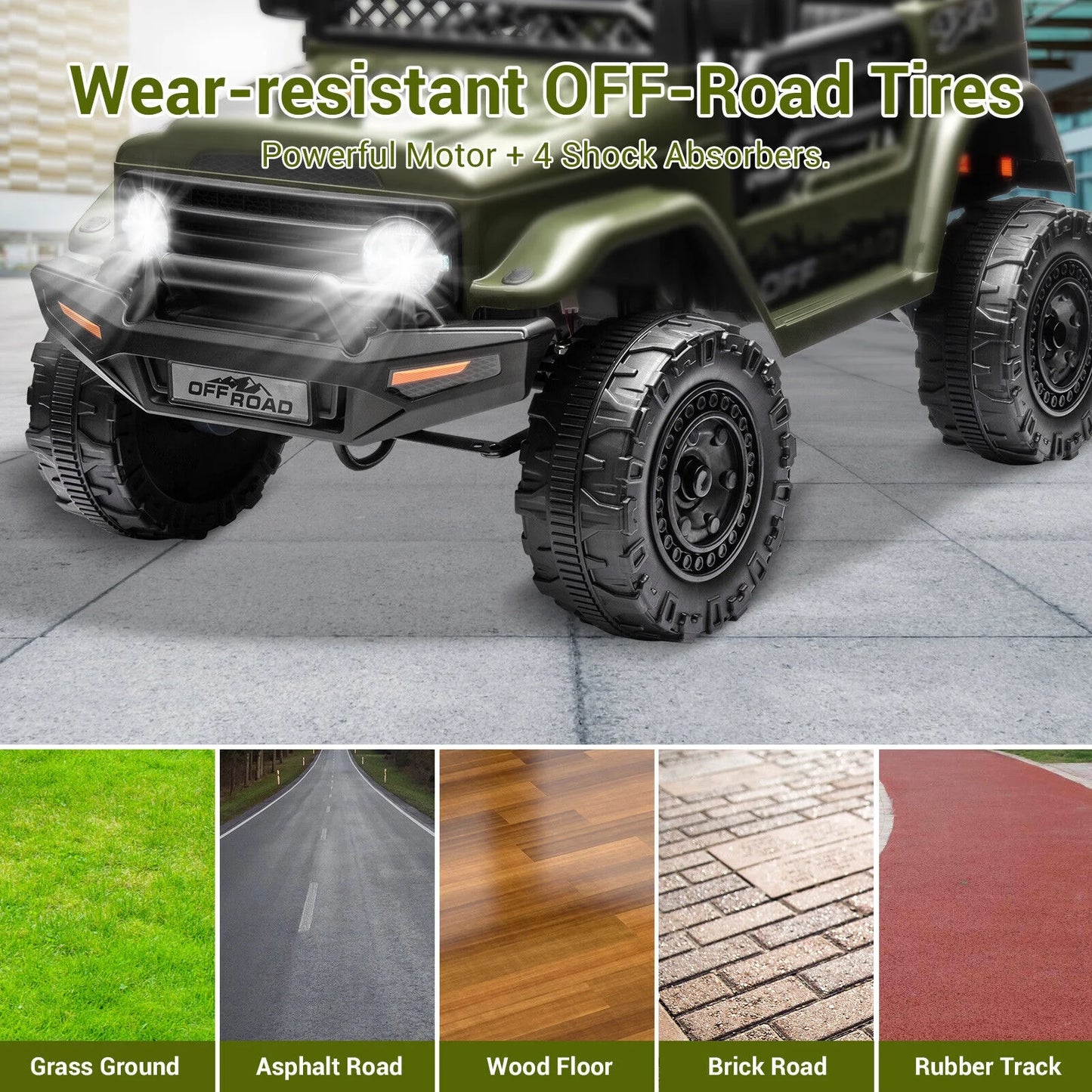 12V Kids Ride on Jeep, 12V 7AH Battery Powered Rechargeable Ride on Truck Car Electric Off-Road Tires Vehicle Jeep Toy, 2-Way Control with Control Remote, 2-Seater, MP3, LED Lights, Green