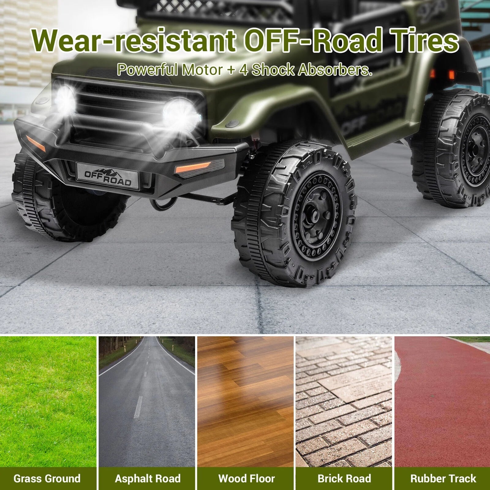 12V Kids Ride on Jeep, 12V 7AH Battery Powered Rechargeable Ride on Truck Car Electric Off-Road Tires Vehicle Jeep Toy, 2-Way Control with Control Remote, 2-Seater, MP3, LED Lights, Green