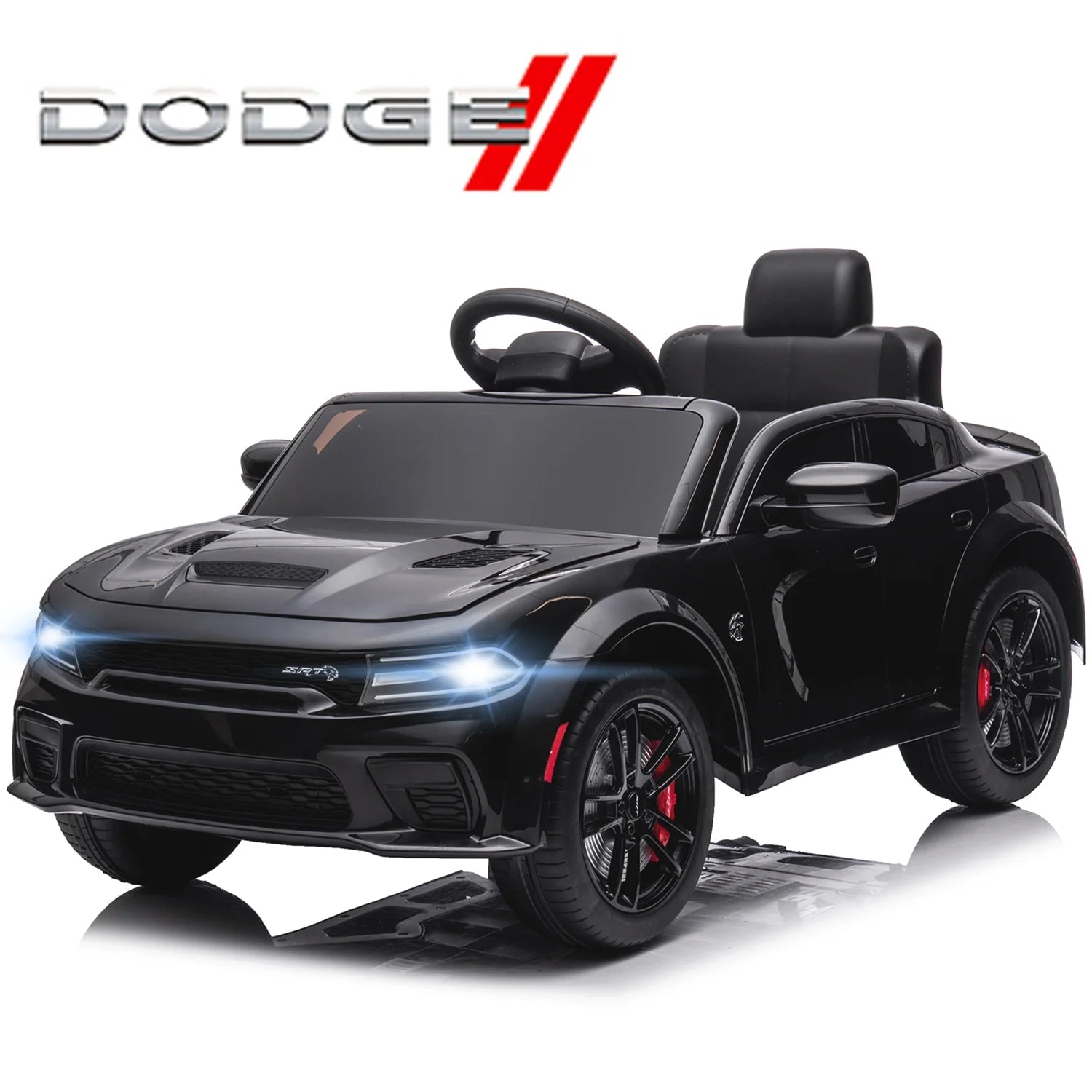 Black 12 V Dodge Charger SRT Hellcat Battery Powered Ride on Cars with Remote Control, Bluetooth, LED Light and MP3 Player