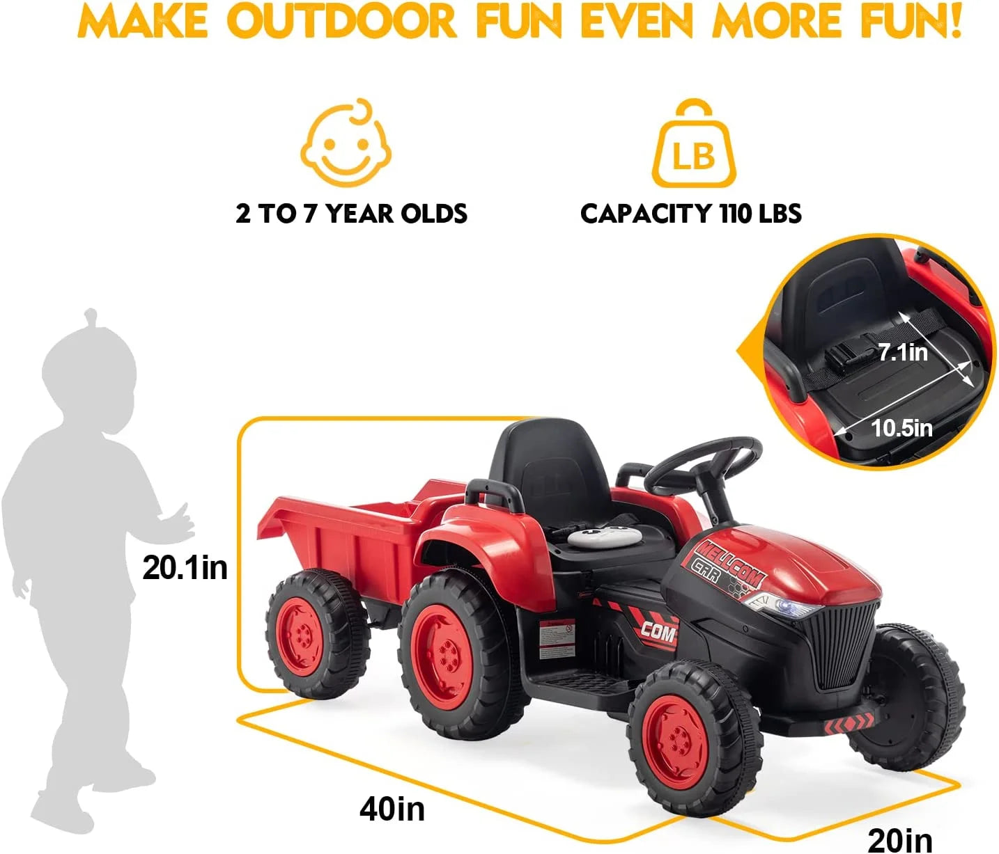 Kids Ride on Tractor with Remote Control, 12V Battery Powered Electric Tractor with 30W Dual Motors/Cool Lights/Bluetooth Music for Kids, Red