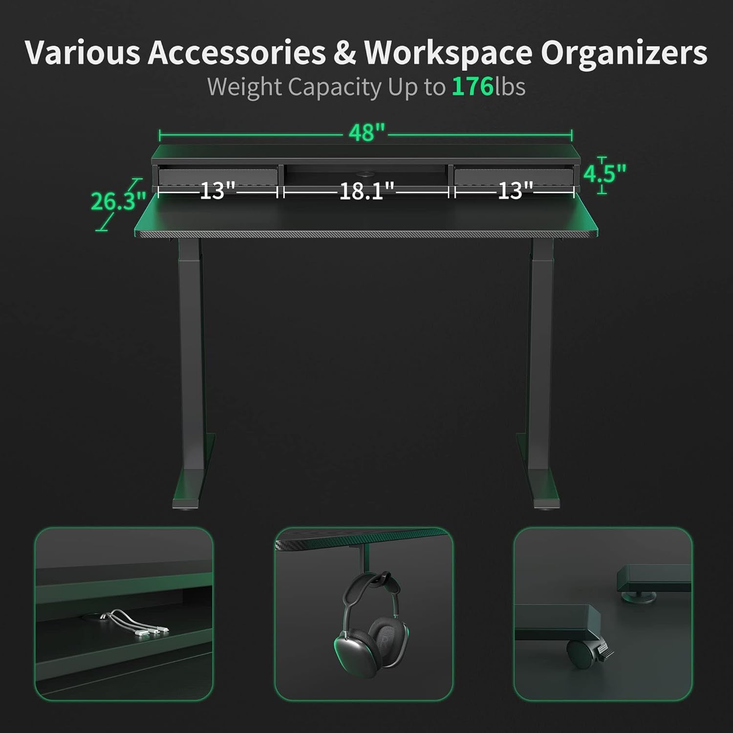 48 X 24 Inch Height Adjustable Electric Standing Desk with Double Drawers, Stand up Desk with LED Strips, Sit Stand Desk with Monitor Stand, Blcak
