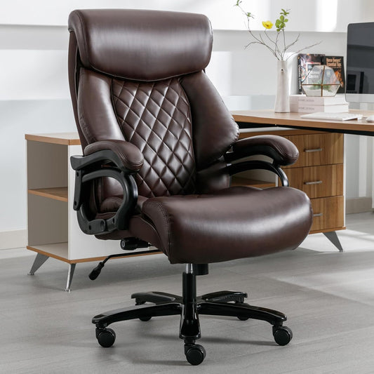 Big and Tall Office Chair 400 Lbs - Executive Leather Swivel Chair with Arms, High Back Desk Chair with Adjustable Lumbar Support Heavy Duty Metal Base, Office Chairs for Heavy People (Brown)