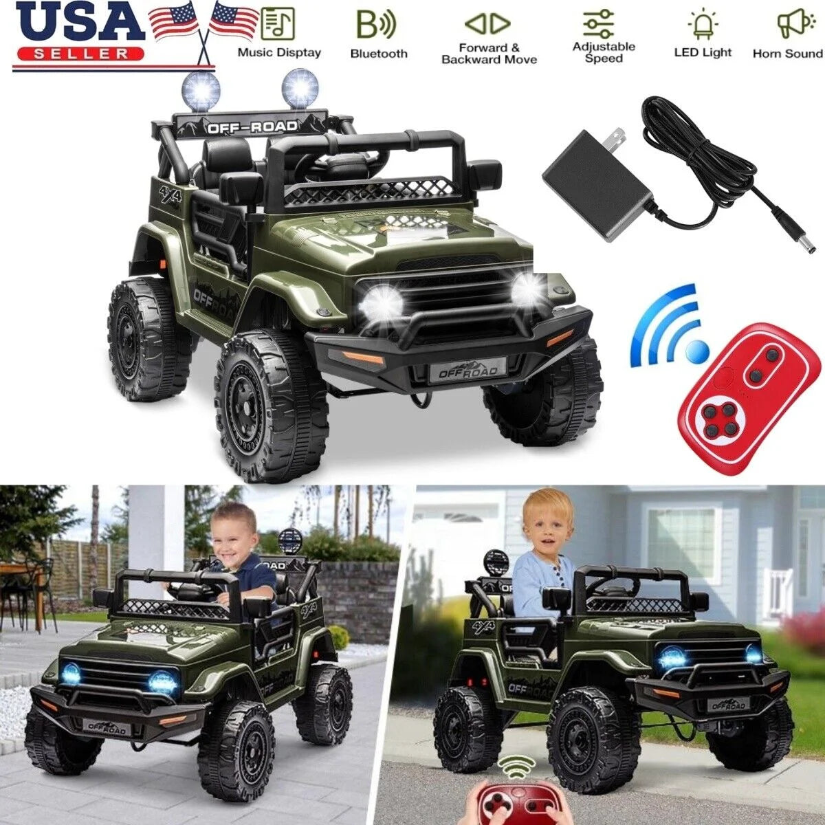 12V Kids Ride on Jeep, 12V 7AH Battery Powered Rechargeable Ride on Truck Car Electric Off-Road Tires Vehicle Jeep Toy, 2-Way Control with Control Remote, 2-Seater, MP3, LED Lights, Green