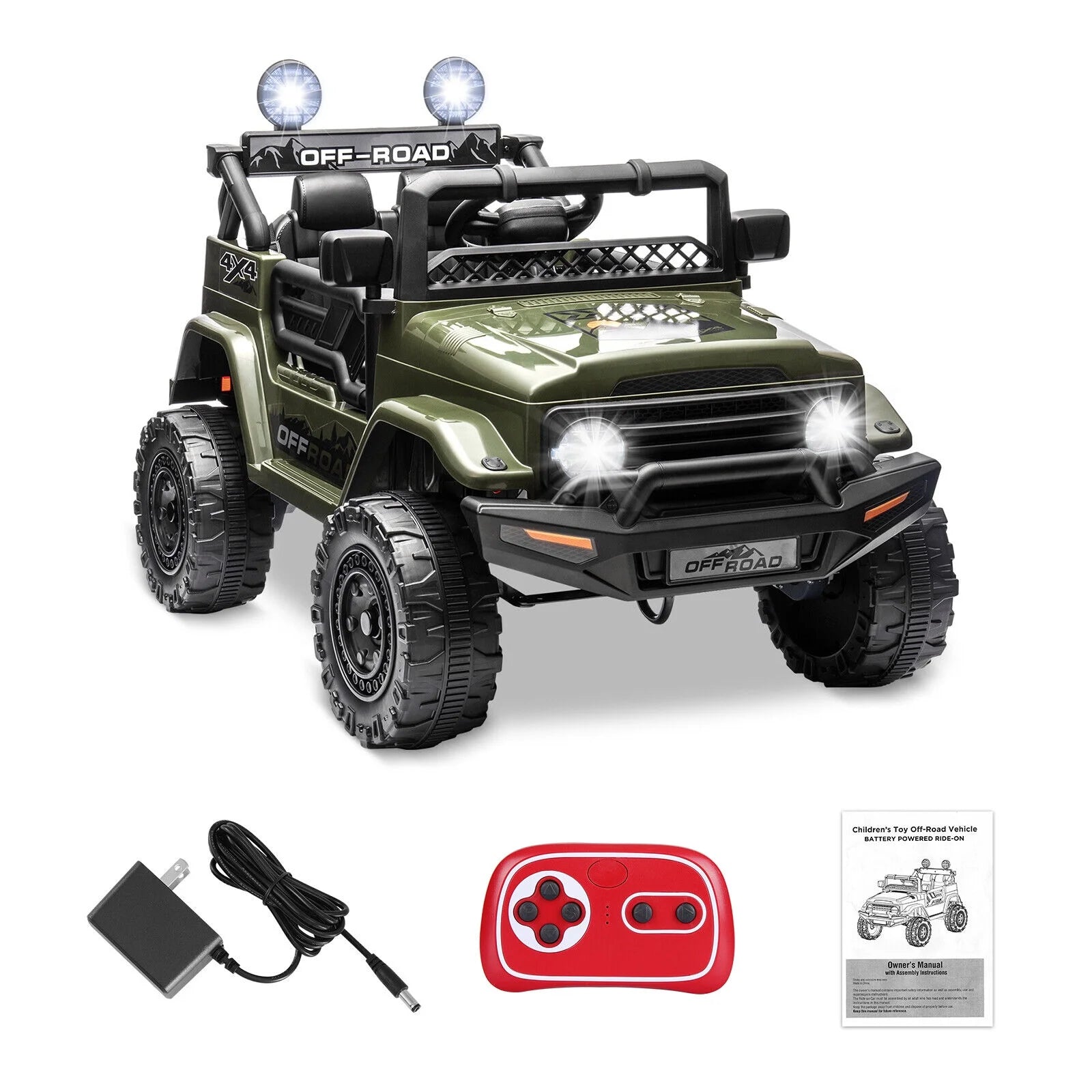12V Kids Ride on Jeep, 12V 7AH Battery Powered Rechargeable Ride on Truck Car Electric Off-Road Tires Vehicle Jeep Toy, 2-Way Control with Control Remote, 2-Seater, MP3, LED Lights, Green