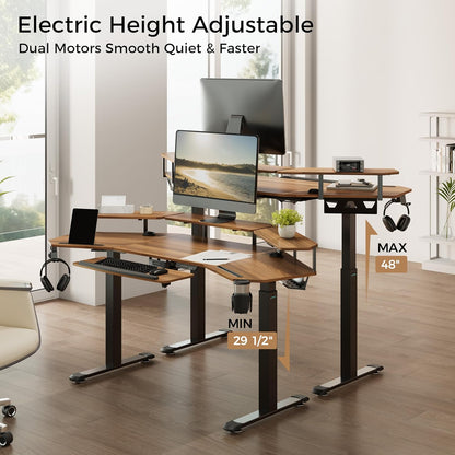 Standing Desk Electric Adjustable Height Desk, Computer Desk W Keyboard Tray 72" Gaming Desk Music Studio Desk Sit Stand up Desk LED Monitor Stand,Dual Motor,Slot Design,Walnut