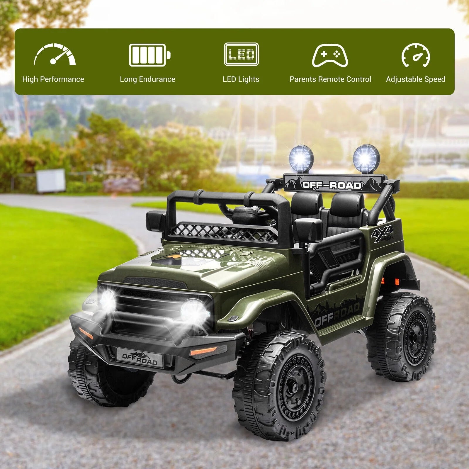12V Kids Ride on Jeep, 12V 7AH Battery Powered Rechargeable Ride on Truck Car Electric Off-Road Tires Vehicle Jeep Toy, 2-Way Control with Control Remote, 2-Seater, MP3, LED Lights, Green
