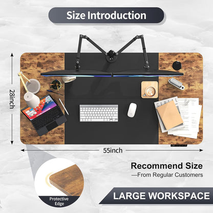 Standing Desk, Adjustable Height Electric Stand up Desk with Drawers, Storage Bag, Cable Management Tray, Ergonomic Computer Desk for Home Office, 55 X 28 Inches, Rustic Brown+Black Top