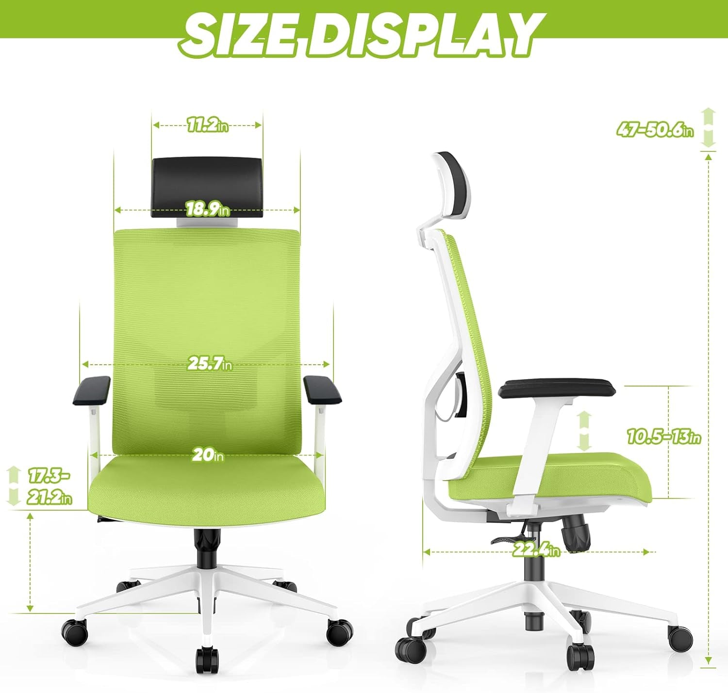Ergonomic Office Chair, Home Office Desk Chairs Flip up Arms with Wheels Adjustable Armrest Mesh High Back Lumbar Headrest Support for Adults Green Comfy Swivel Big Tall Executive, Green