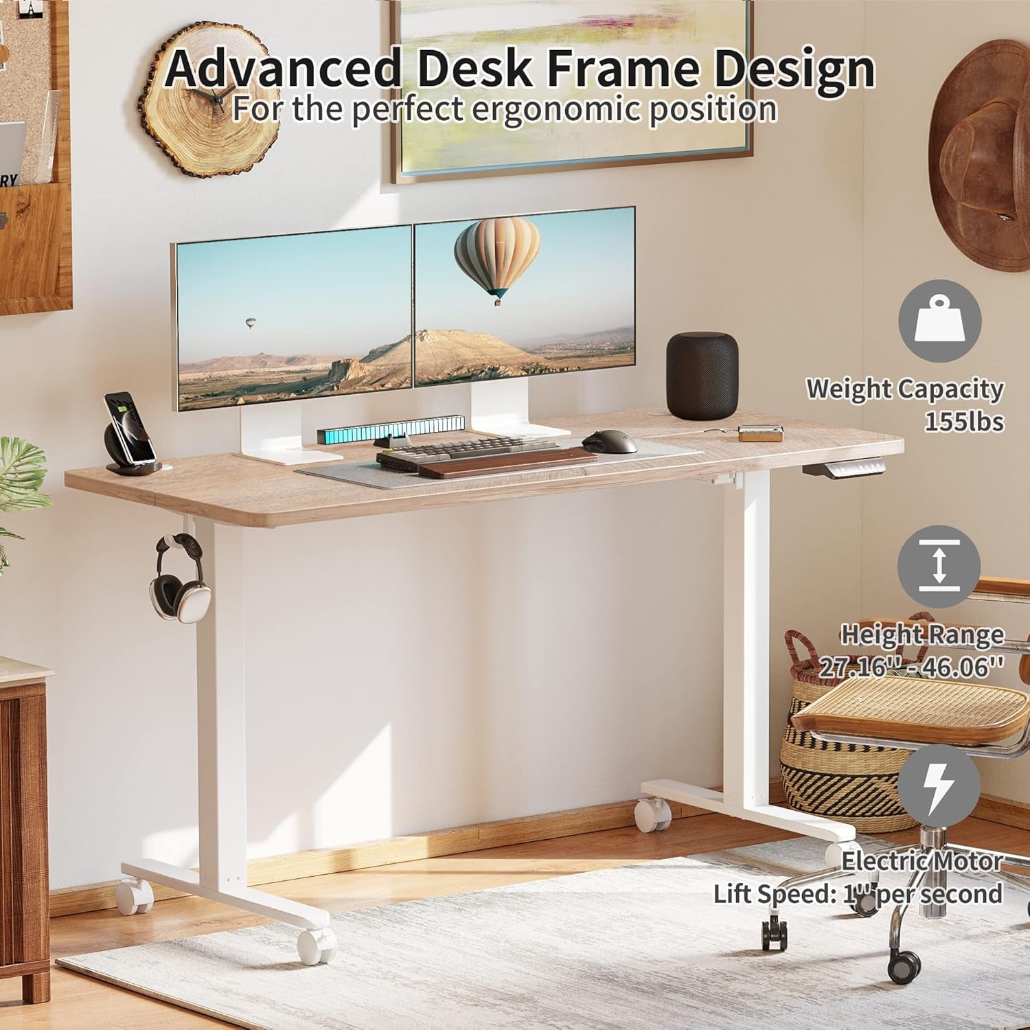 55'' Electric Height Adjustable Standing Desk,Sit Stand up Desk,Ergonomic Sit-Stand Desk for Home Office,Maple Top