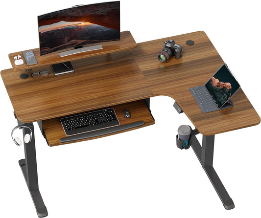 Standing Desk Electric Adjustable Height (61"X43") Computer Desk with Keyboard Tray Sit Stand Desk L Shaped Desk for Work/Home Office,Dual Motor,Memory Presets,2 Usb/Rgb,Walnut/Right