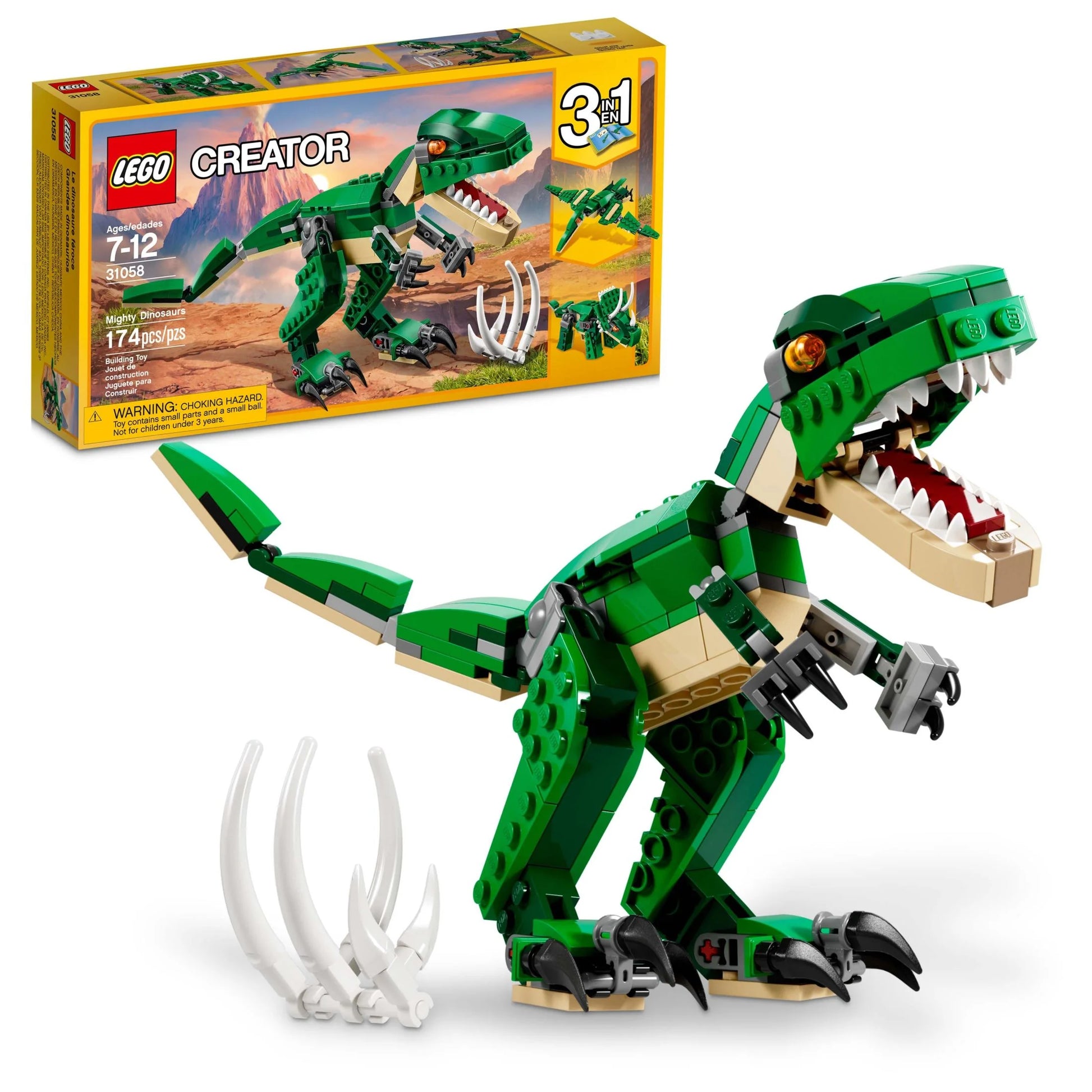 Creator Mighty Dinosaurs 31058 Build It Yourself Dinosaur Set, Create a Pterodactyl, Triceratops and T Rex Toy (174 Pieces)