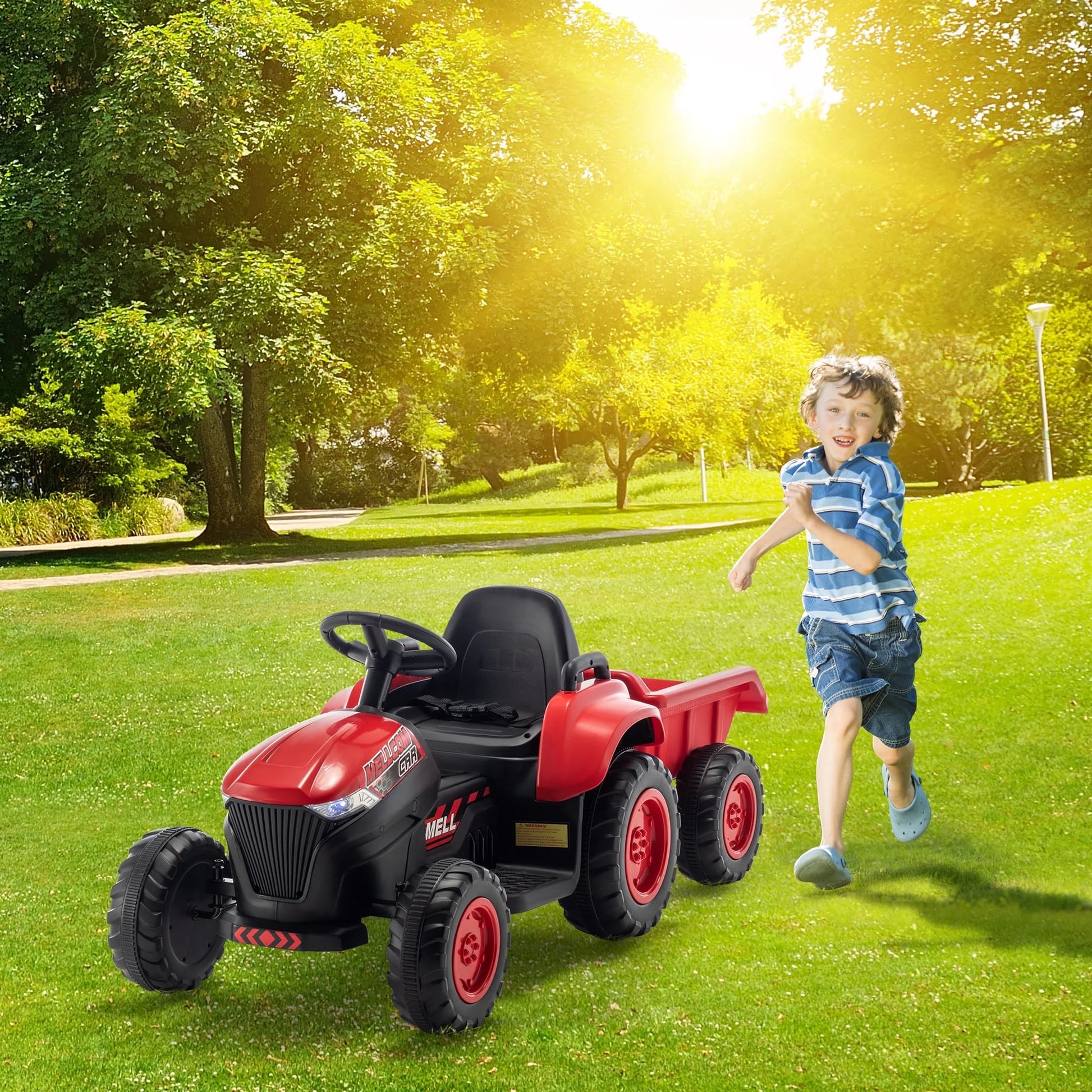 Kids Ride on Tractor with Remote Control, 12V Battery Powered Electric Tractor with 30W Dual Motors/Cool Lights/Bluetooth Music for Kids, Red