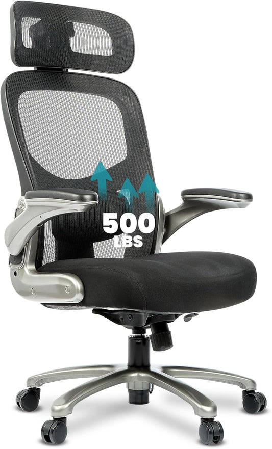 500 Lbs Rated Ergonomic Big and Tall, Flip-Up Arms, Mesh Swivel Office Chair with anti Scratch Wheels, Mesh Executive Chair (Black with Headrest)