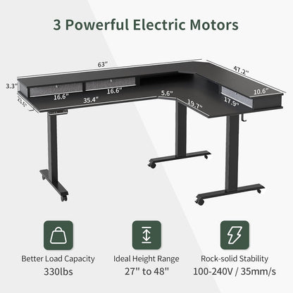 Triple Motor 63" L Shaped Standing Desk with 3 Drawers, Electric Standing Gaming Desk Adjustable Height, Corner Stand up Desk with Splice Board, Black Frame/Black Top