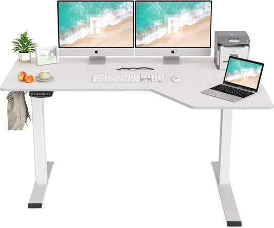 L Shaped Executive Standing Desk with File Cabinet & Shelves, Electric Height Adjustable, Vintage-Brown