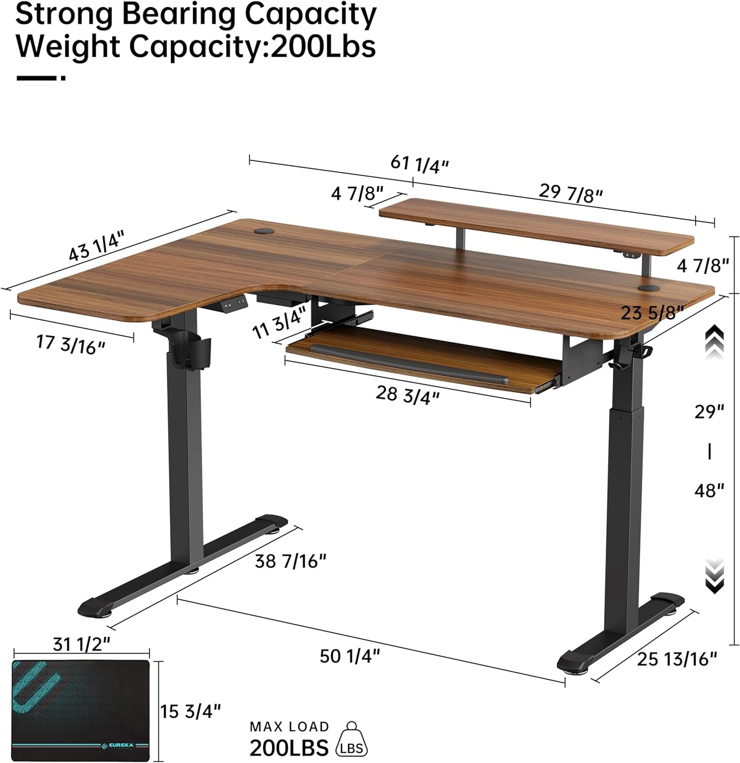 Standing Desk Electric Adjustable Height (61"X43") Computer Desk with Keyboard Tray, Sit Stand Desk L Shaped Desk for Work/Home Office,Dual Motor,Memory Presets,2 Usb/Rgb,Walnut/Left