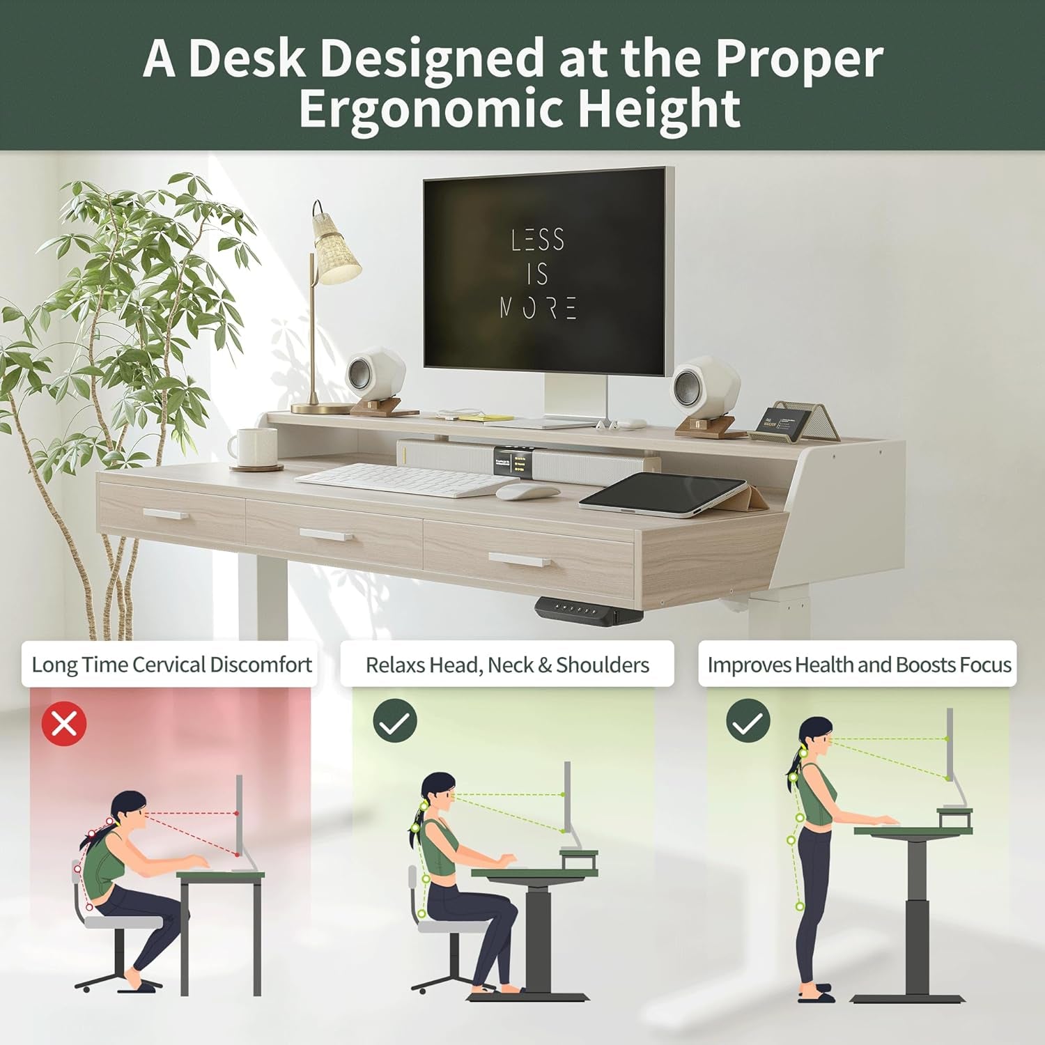 Electric Standing Desk with Drawers, 48X24 Inch Standing Desk Adjustable Height, Stand up Desk with Monitor Shelf, Sit Stand Home Office Desk, Light Walnut
