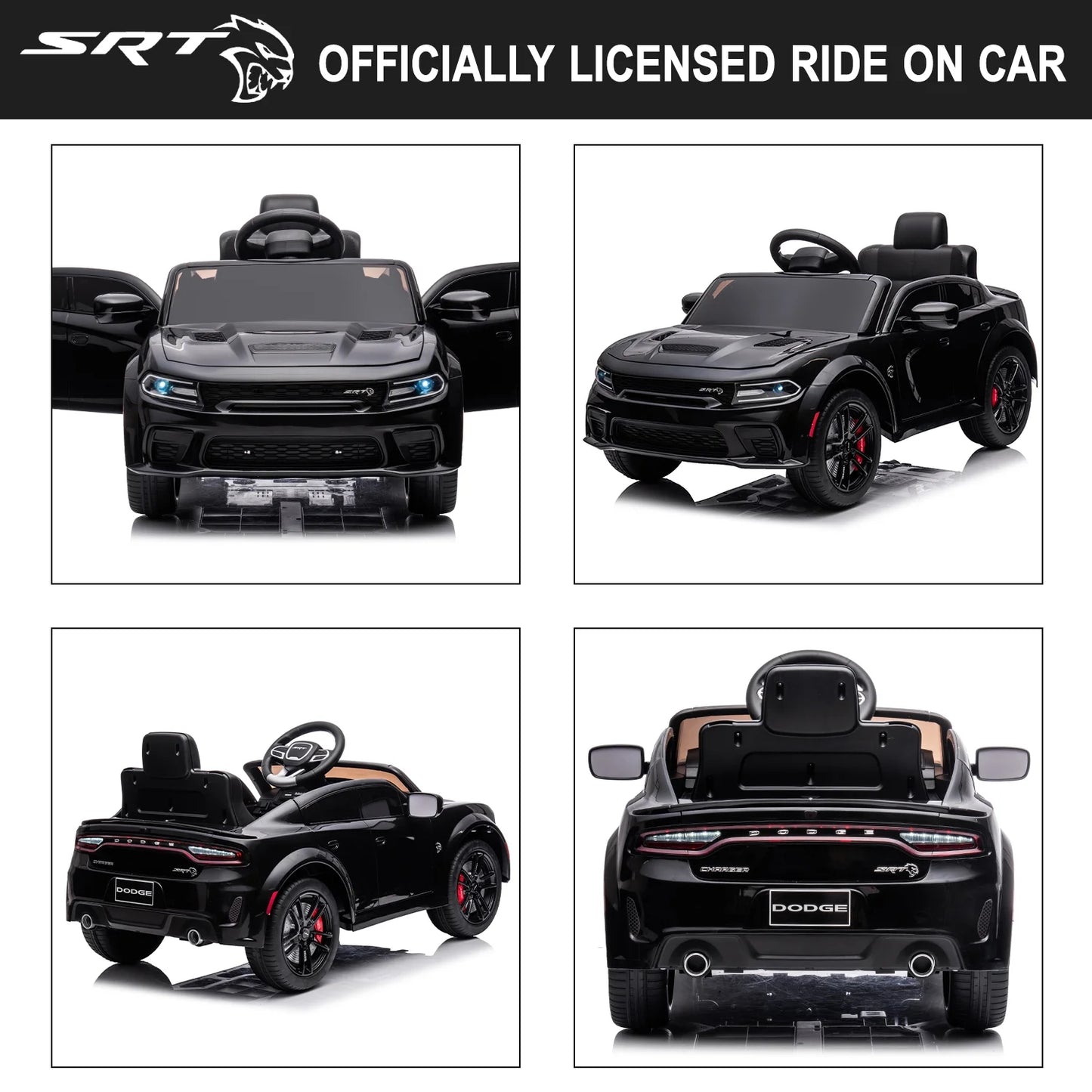 Black 12 V Dodge Charger SRT Hellcat Battery Powered Ride on Cars with Remote Control, Bluetooth, LED Light and MP3 Player