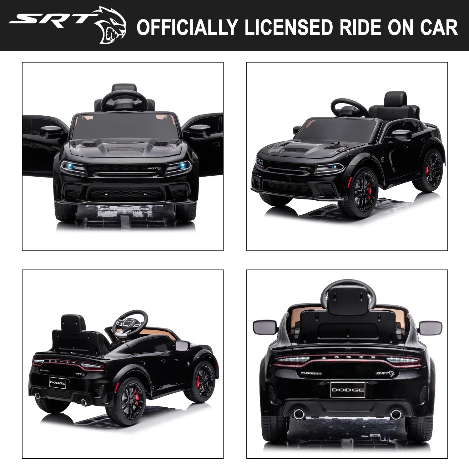 Black 12 V Dodge Charger SRT Hellcat Battery Powered Ride on Cars with Remote Control, Bluetooth, LED Light and MP3 Player