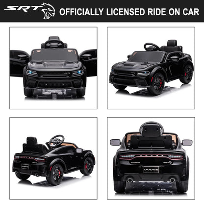 Black 12 V Dodge Charger SRT Hellcat Battery Powered Ride on Cars with Remote Control, Bluetooth, LED Light and MP3 Player