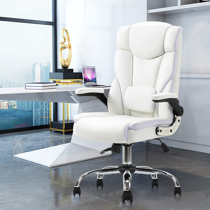 Ergonomic Executive Office Chair High Back PU Leather Computer Desk Chairs with Wheels and Flip-Up Arms, Adjustable Headrest, Tilt and Lumbar Support, White