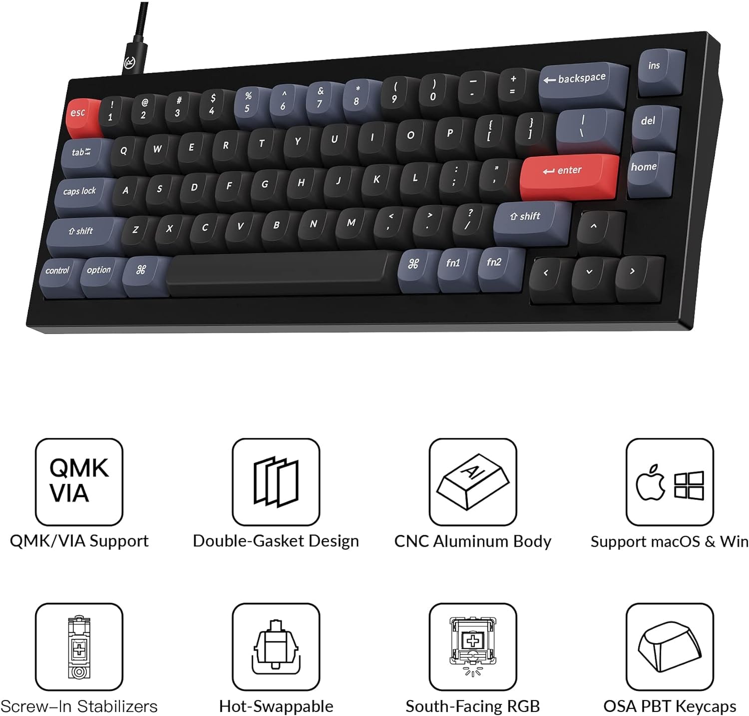 Q2 Wired Custom Mechanical Keyboard, QMK/VIA Programmable Macro, Full Aluminum, Hot-Swappable Gateron G Pro Blue Switch, 65% Layout Double Gasket Compatible with Mac and Windows - Black