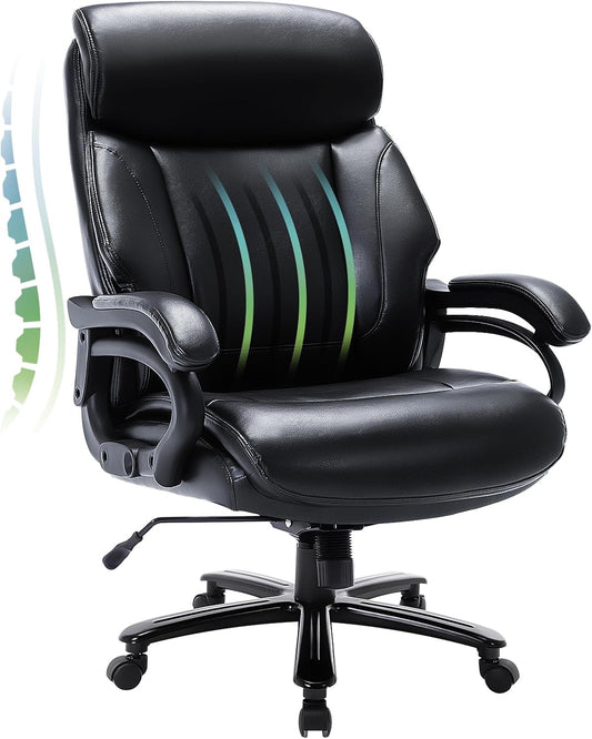 Big and Tall Office Chair 400Lbs-Heavy Duty Executive Desk Chair with Extra Wide Seat, High Back Ergonomic Leather Computer Chair with Tilt Rock&Tension, Padded Armrests-Black
