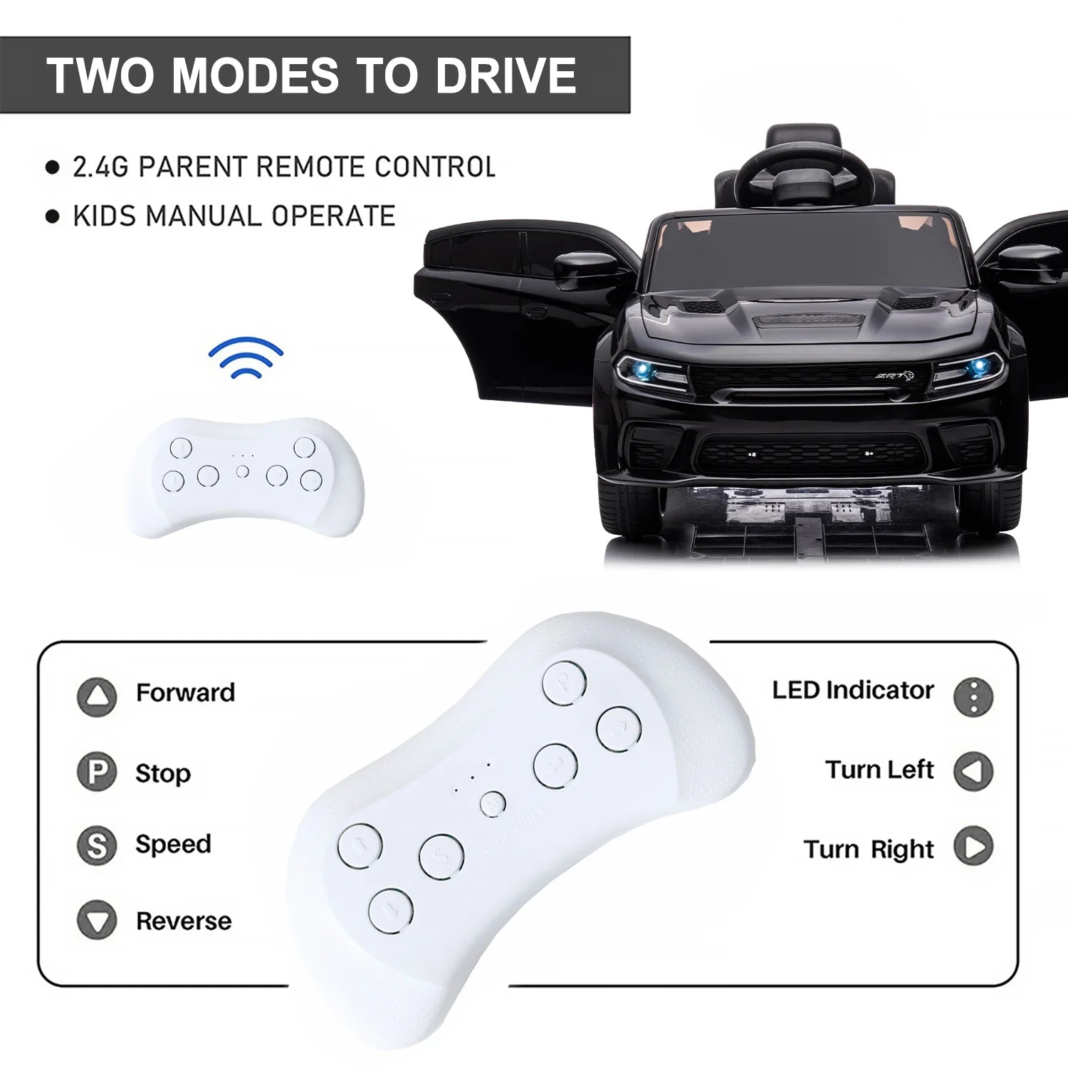 Black 12 V Dodge Charger SRT Hellcat Battery Powered Ride on Cars with Remote Control, Bluetooth, LED Light and MP3 Player