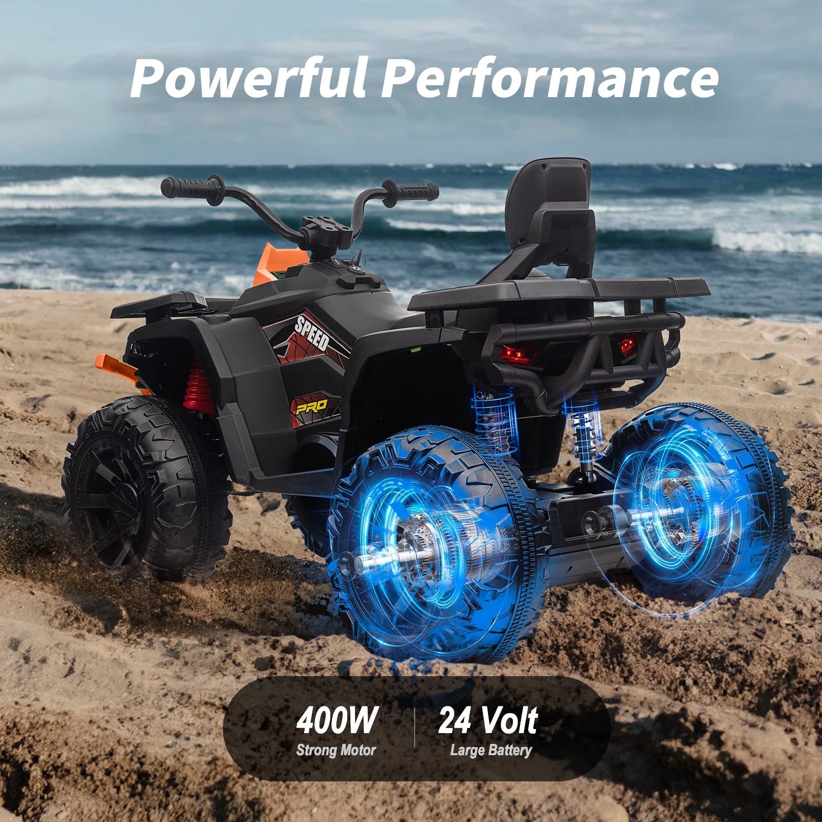 24V Ride on Toys, Kids ATV 4-Wheeler for Big Kids with 2 Seater, 400W Motor, Bluetooth - Orange