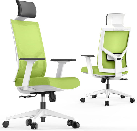 Ergonomic Office Chair, Home Office Desk Chairs Flip up Arms with Wheels Adjustable Armrest Mesh High Back Lumbar Headrest Support for Adults Green Comfy Swivel Big Tall Executive, Green