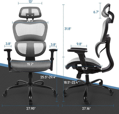 Ergoro Ergonomic Office Chair-Rolling Desk Chair with 3D Adjustable Armrest & Memory Foam Armrest Pads, Lumbar Support, Boss Chair Executive Office Chair Gaming Chair Mesh Computer Chair(Grey)