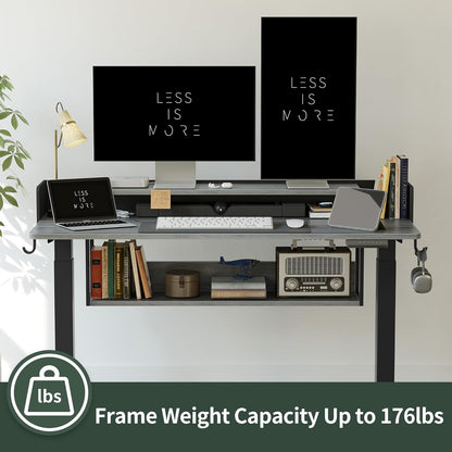 48" Electric Standing Desk with Shelves, 48 X 24 Inch Sit Stand Rising Desk with Monitor Stand and Storage, Ergonomic Home Office Computer Desk, Rustic