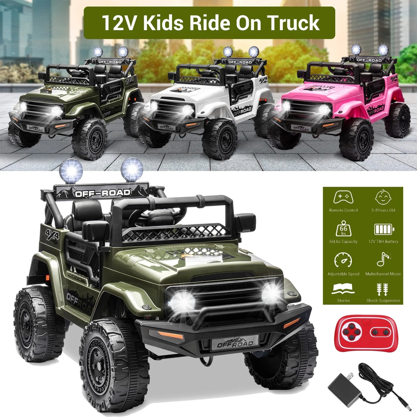 12V Kids Ride on Jeep, 12V 7AH Battery Powered Rechargeable Ride on Truck Car Electric Off-Road Tires Vehicle Jeep Toy, 2-Way Control with Control Remote, 2-Seater, MP3, LED Lights, Green