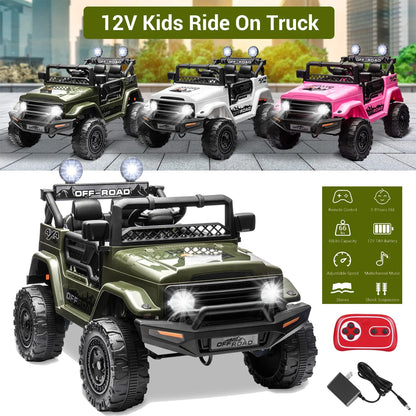 12V Kids Ride on Jeep, 12V 7AH Battery Powered Rechargeable Ride on Truck Car Electric Off-Road Tires Vehicle Jeep Toy, 2-Way Control with Control Remote, 2-Seater, MP3, LED Lights, Green